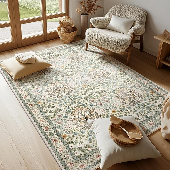 Vintage Washable Area Rug 4x6, Beige & Blue Low Pile Non-Slip Stain Resistant, Distressed Retro for Bedroom Under Bed, Living Room, Nursery, Kitchen & Entryway
