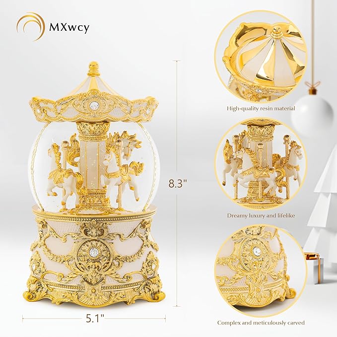 Carousel Music Box Gold & Ivory Christmas Snow Globes, 8.3" Rotate Carousel Snow Globe for Kids & Adults, Classic Wind up Musical Snow Globe Birthday Gifts for Women Girls, Carousel Horse Home Decor