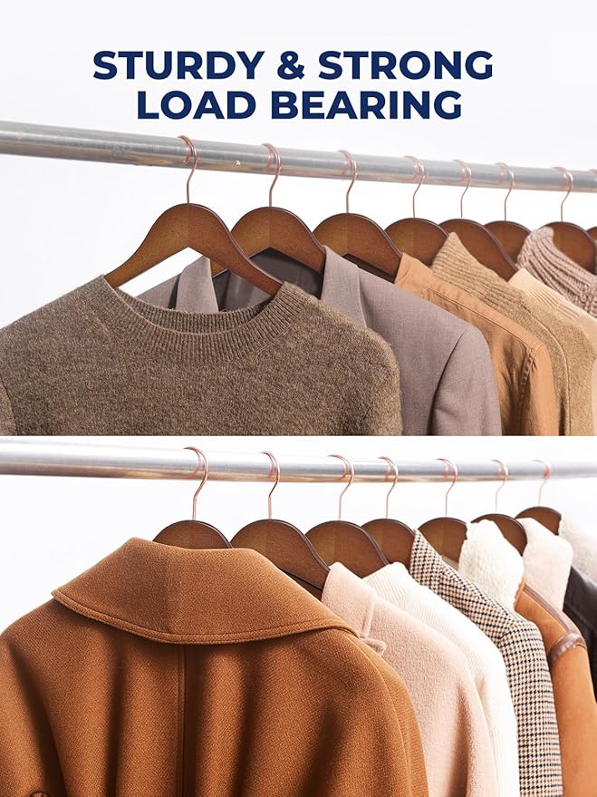 Smartor Wooden Hangers 10 Pack, Solid Wood Coat Hanger for Closet, Heavy Duty Wood Hangers for Suits, Shirts, Dresses, with 360° Rose Gold Hook, Non Slip Pant Bar, Walnut