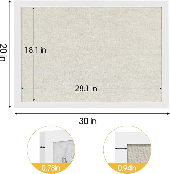 AKTOP White Cork Bulletin Board with Linen 20" X 30", Large Framed Corkboard for Wall, Hanging Pin Board Picture Board for Home Office Decor, Cute Vision Board with Pushpins