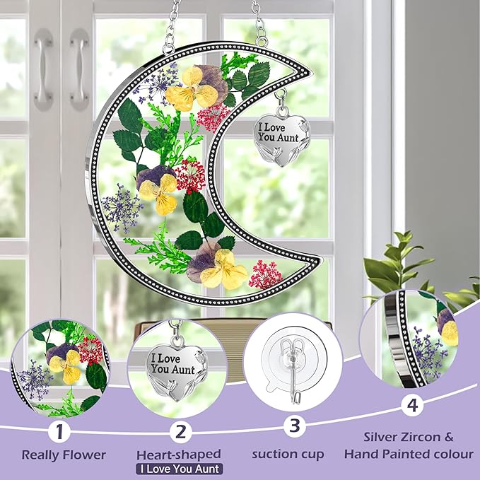KY&BOSAM Moon Suncatchers Aunt Gifts for Mom Family Friends Stained Glass for Windows Wind Chimes Real Flower Colorful and Metal I Love You Aunt Heart Chain Outdoor for Garden Indoor Home Trees Decor