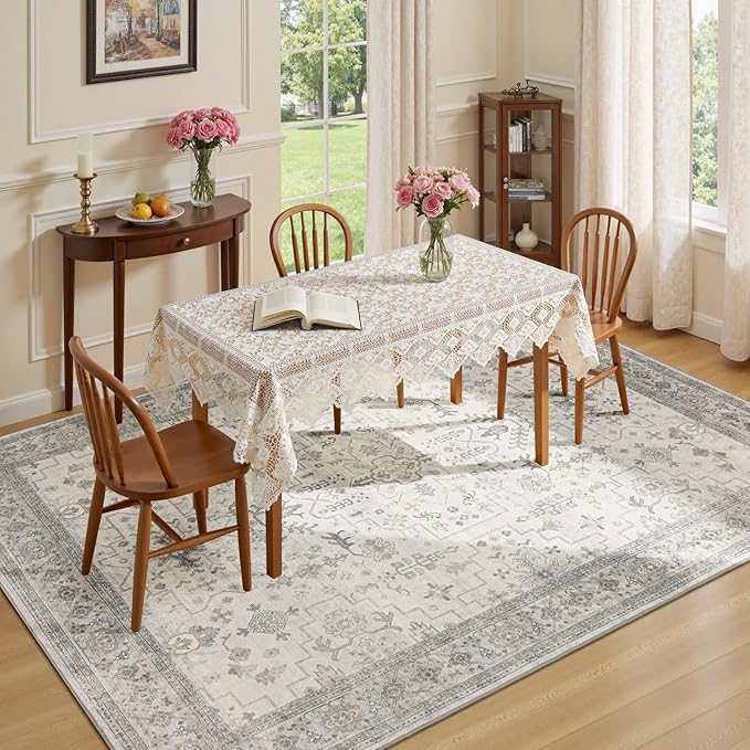 Lessymo Bedroom Rug 5x7 Area Rug for Living Room, Soft Non Slip Washable Rug for Dinning Nursery Farmhouse Office, Boho Carpet Kids & Pets Friendly, Vintage Floral Neutral Decor, Taupe Grey