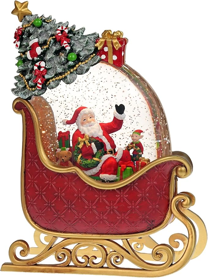 Christmas Snow Globe with Santa's Sleigh Elk - Lighted Musical Snow Globe Christmas Decorations with Timer, Swirling Glitter, Battery/USB Powered, Holiday Decor(Santa Claus Sleigh)