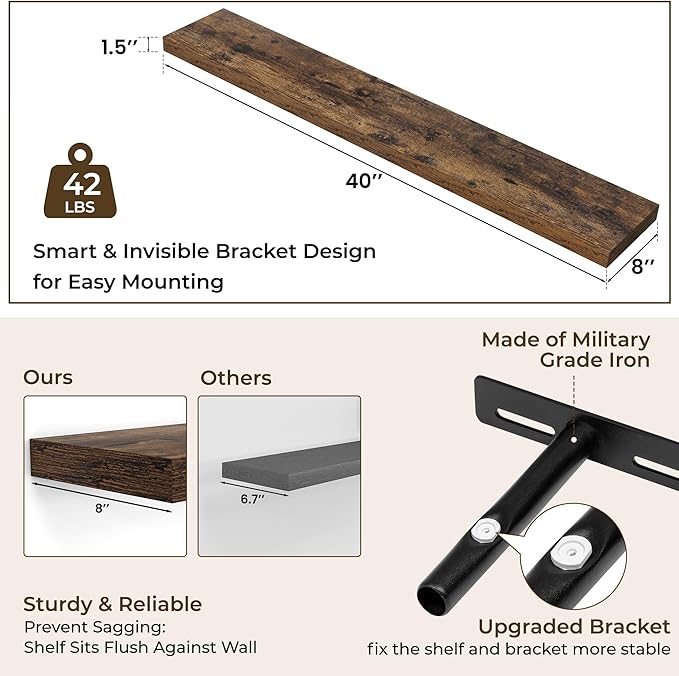 RICHFOCUS 40Inch Floating Shelves for Wall 1 Pack Shelves for Bedroom|Kitchen|Bathroom|Laundry Room Rustic Wood Wall Mounted Shelf with Invisible Brackets for Books|Storage|Decor, Rustic Brown