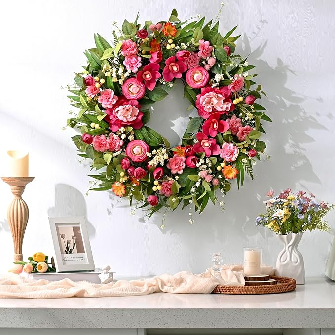 Waipfaru Spring Wreaths for Front Door, 26" Large Spring Summer Easter Wreaths for Front Door with Rose Peony Tulip Magnolia, All Seasons for Indoor Outdoor Farmhouse Home Porch Wall Window Decor