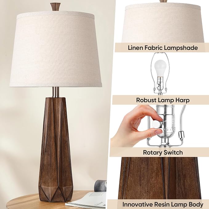 WIHTU 3 Color Temperature Table Lamps Set of 2, Beside Lamp with Linen Shade, 27'' Wood Grain Color Modern Table Lamp for Living Room, Resin Desk Lamp for Nightstands Bedroom Decor (2 Bulbs Included)