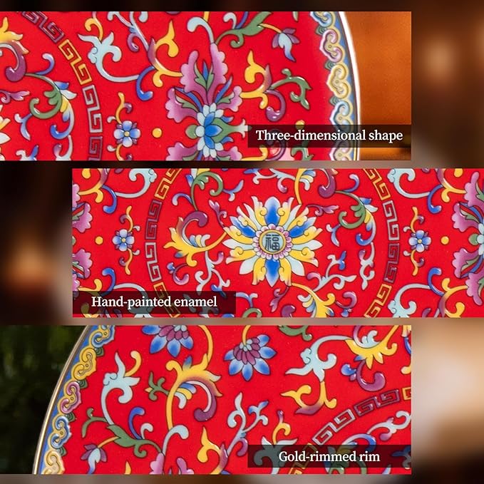 KAMMAK Decorative Plates Set for Display, Red Ceramic Plate Decor with Stand, Handmade Vintage Porcelain Ornament for Table, Living Room, Kitchen, Office, Perfect Chinese Style Dish Gift (8in+10in)