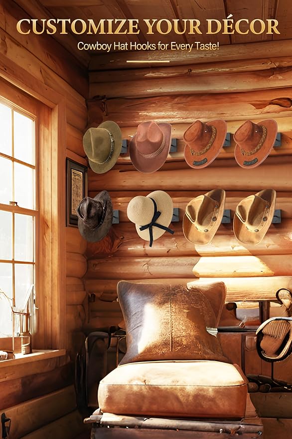 Cinati Cowboy Hat Rack for Wall, 8 Pack Cowboy Hat Holder Wall Mount, Western Rustic Metal Hats Hooks for Western-Hat, Fedora, Sun Hats,Wide Brim