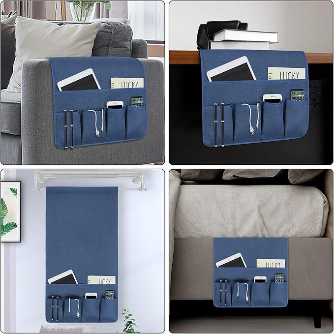 NB Sofa Armrest Organize Remote Holder Bedside Caddy Organizer With 5 Pockets，Non-Slip Couch Remote Control Holder Couch Armchair Caddy Accessories (Blue, 35''X18'')