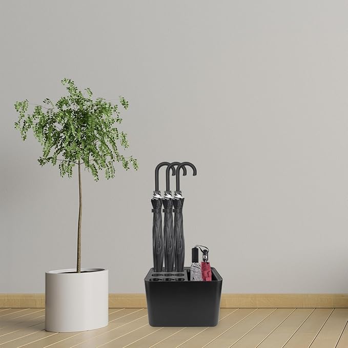 Toyvian Creative Wall-Mounted Umbrella Stand with Drip Tray Nordic Style Storage Rack for Entryway Space-Saving Household Organizer to Keep Floors Dry and Umbrellas Neat Black