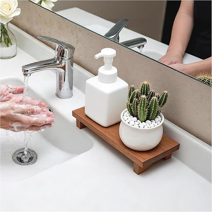 Small Wood Pedestal Stand - Wooden Bathroom Counter Decor - Home Decor Coffee Bar Accessories for Vanity, Counter, Sink