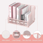 SUPEASY Desk Organizers Metal Desk Magazine File Holder with 5 Vertical Compartments Rack File Organizer for Office Desktop, Classroom, Home Workspace, Pink Plus