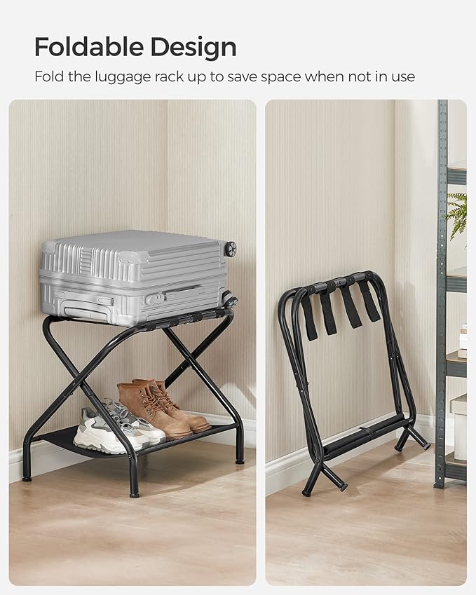 SONGMICS Luggage Racks, Set of 2, Suitcase Stand with Fabric Storage Shelf, for Guest Room, Bedroom, Hotel, Foldable Steel Frame, Holds up to 110 lb, 27.2 x 15 x 20.5 Inches, Black URLR002B02