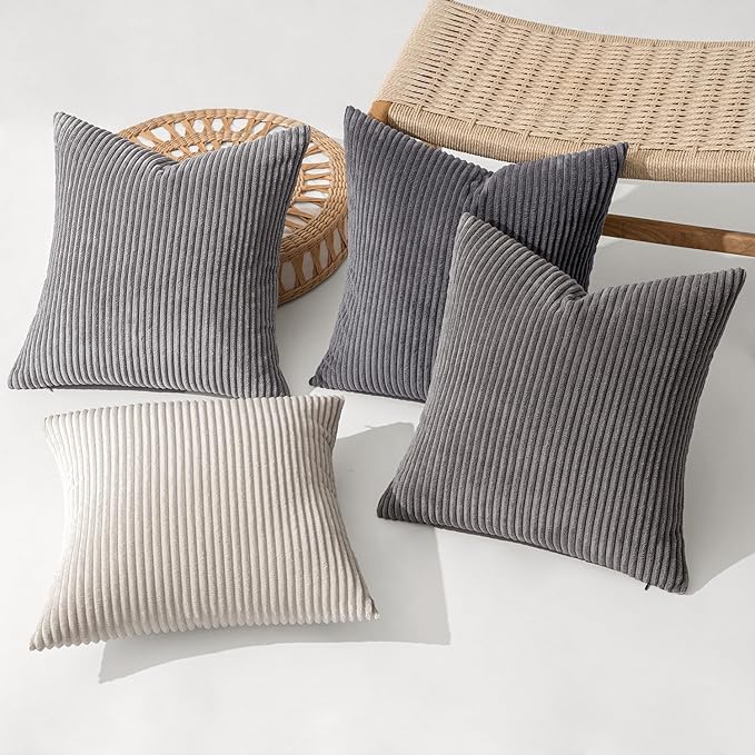 MIULEE Pack of 4 Neutral Grey Gradient Decorative Throw Pillow Covers 20x20 Inch Soft Boho Striped Corduroy Pillow Covers Modern Farmhouse Home Decor for Sofa Living Room Couch Bed