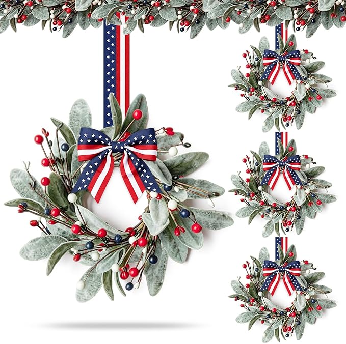 4 PCS Patriotic 4th of July Hanging Wreaths for Cabinets Small Independence Day Wreaths for Front Door with Red White Blue Berries & Lamb's Leaves Memorial Day Labor Day Mini Wreath for Home Decor