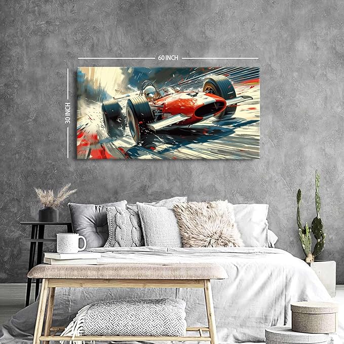 Vintage Formula Race Car Wall Art Abstract Racing Car Canvas Painting Retro Speed Posters for Boys Bedroom Man Cave Garage Office Living Room Home Decoration Open Wheel Motorsport Artwork 29.53x57.87"