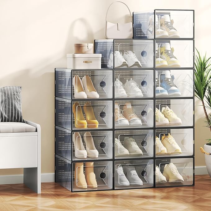 NEWBULIG 15 Pack Clear Shoe Storage Boxes, Shoe Organizer for Closet with Lid, Durable PE Transparent Shoe Containers Ideal for Sneakers, Heels & Boots, Black