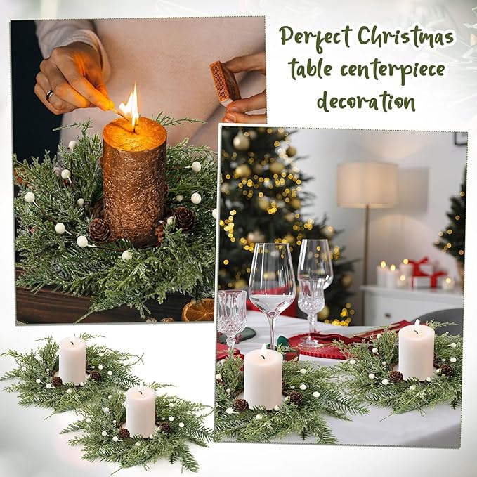 8 PCS Christmas Wreath Christmas Kitchen Cabinet Wreaths with Burlap Ribbon Mini Wreath Pine Garland Frosted Cedar Pine Cone Hanging Garlands Candle Rings for Front Door Window Chair Wall