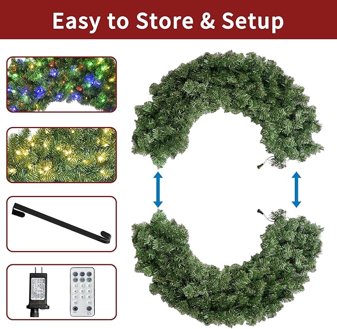 48in Large Prelit Christmas Wreath Outdoor with Lights, Artificial Lighted Christmas Wreaths with 210 Colorful LEDs, Metal Hook, Plug-in, 11 Functions for Home Holiday Decor