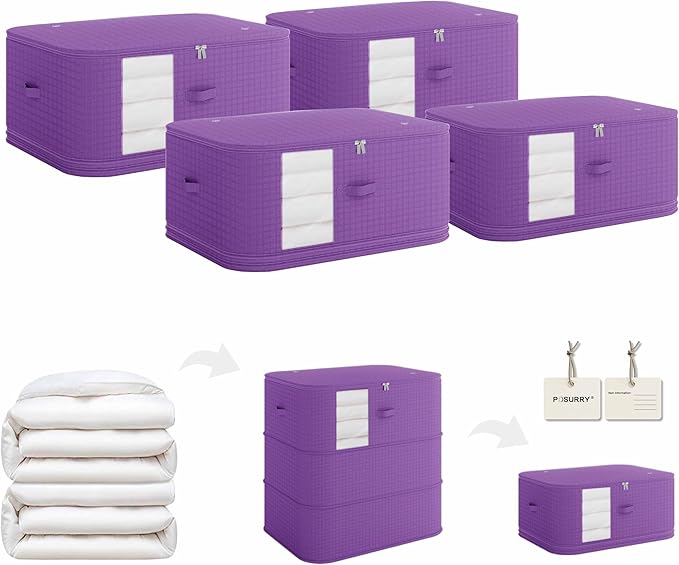 3-Layer Compressible with Zippers Blanket & Comforter Storage Bag,Ultra Space Saving Self Compression Organizer，Save 50% Space, 4 PCS，Purple
