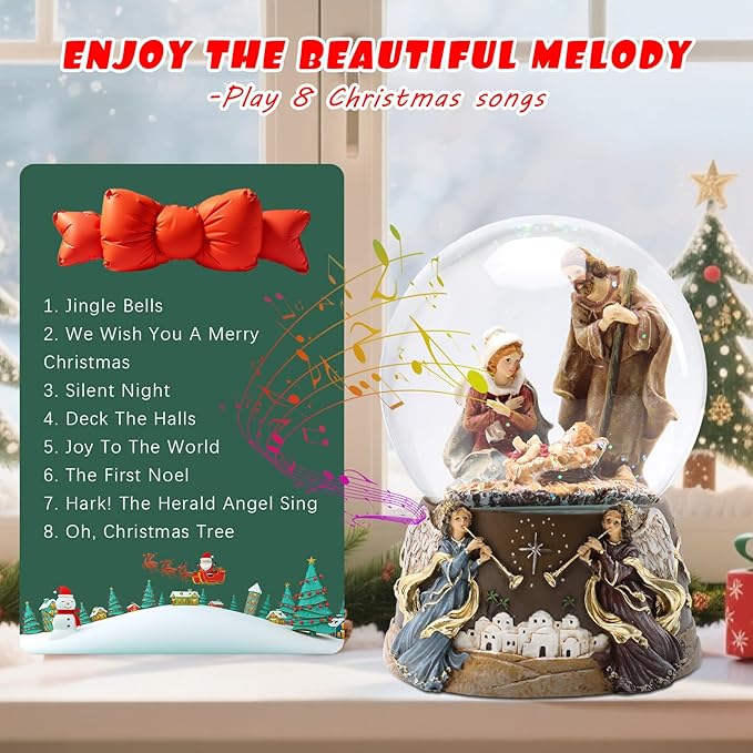 Vipush Christmas Snow Globe - Holy Family Musical Snow Globe with Color Changing Led Lights, Christmas Decorations with Music Box Gifts for Girls Kids, Decorations for Christmas & Birthday