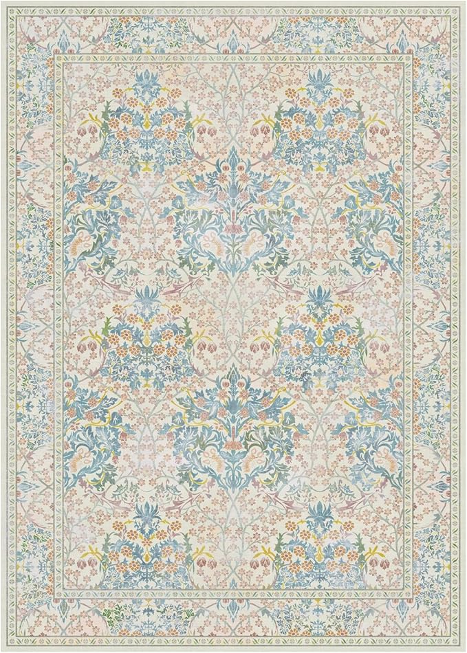 Lessymo Floral Living Room Rug 5x7 Area Rug, Vintage Forest Washable Rugs for Dining Room, Bedroom, Low Pile Non Slip Rubber Green Mat Indoor Boho Carpet for Large Entryway, Beige Brown