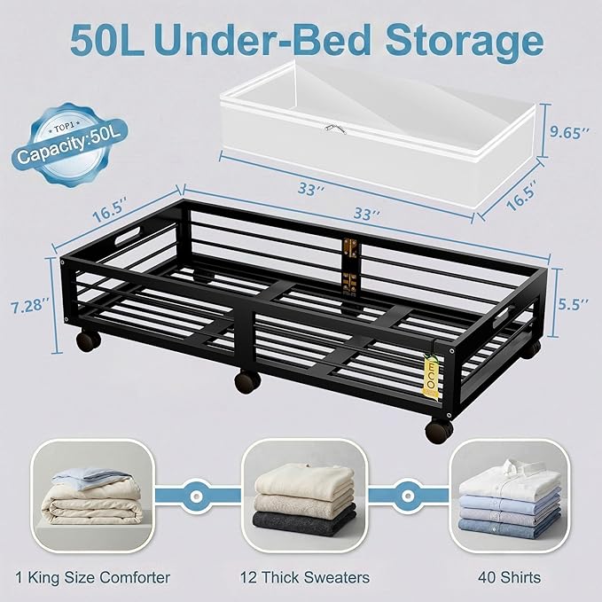 Under Bed Storage Containers with Wheels, Larger Bamboo Wood Under Furniture Storage Containers with Dust Bags，Rolling for Shoes Clothes