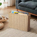 AELS Woven Natural Fibre Magazine Holder, Magazine Rack Floor, Hand-woven Magazine Organizer, Natural Paper Rope Magazine Basket with Handles, Boho Modern Farmhouse Book Basket, Newspaper Holder