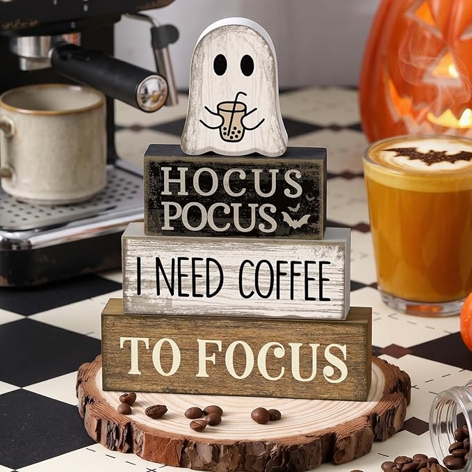 Lineshading 4 Pcs Halloween Coffee Table Decor Coffee Ghost Wooden Stack Block Decor Halloween Tiered Tray Decoration Farmhouse Ghost Tabletop Centerpiece Decorations for Home Kitchen Office Bar Shelf