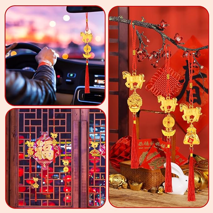 8 Pcs Chinese New Year Horse Decorations Lunar New Year 2026 Red Tassel Ornaments with Wealth Success Good Luck Hanging Decorations for Gifts Home Car Decor