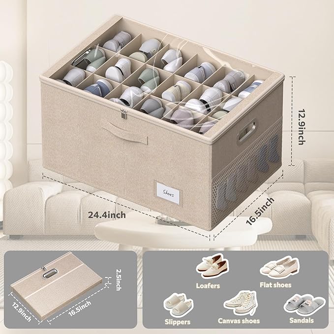 2 Pack Shoe Organizer for Closet Large Shoe Box Storage Containers with Clear Window Space Saving Shoe Bin with Foldable Bottom Support Adjustable Dividers Fits 36 Pairs (Beige, (24.4*16.5*13inch)x2)