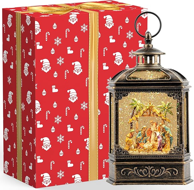 Christmas Snow Globe Swirling Glittering Nativity Scene with Music, USB Lined/Battery Operated Lighted Water Lantern for Christmas Festival Decoration Gifts