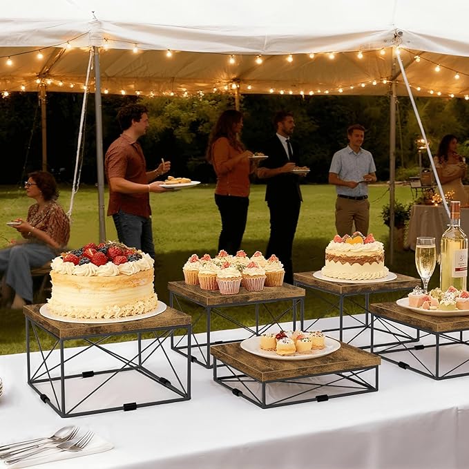 ELITEROO Buffet Risers and Stands, Square Display Risers for Catering Supplies, Wooden Food Display Stand for Buffet Table, 3 Tier Dessert Stands for Cake, Cupcake, Party Treat, Rustic Brown, 6"x7"x8"