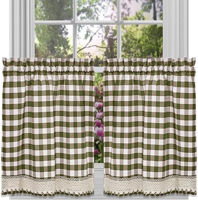 Sweet Home Collection Kitchen Window Curtain Panel Treatment Decorative Buffalo Check Design, 36", Sage
