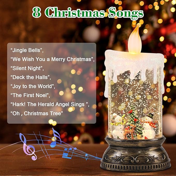 GenSwin Christmas Snow Globes with Music USB Rechargable Cable and Timer, 1 Pcs Christmas Music Box Lantern with Snowman and Snowdeer Scene for Christmas Indoor Centerpieces