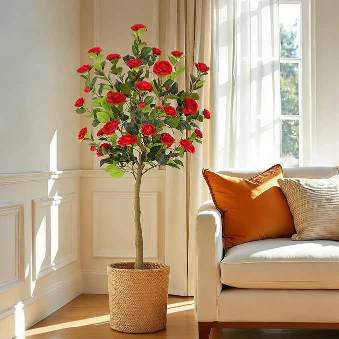Bellacat 5ft Artificial Camellia Tree with Silk Red Flowers, 60in Faux Camellia Plant with Lifelike Trunk, Fake Flower Tree Potted Front Door Plants for Porch Patio Deck Living Room Decor, 2Pack