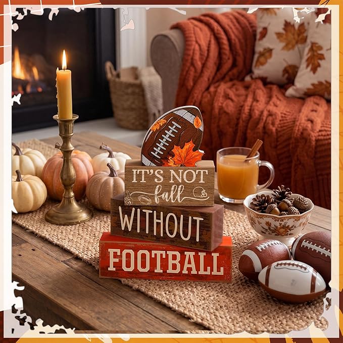 Yuntau 4 Pcs Football Fall Table Decorations Football Tiered Tray Decor Rustic Autumn Wooden Blocks Sign It's Not Fall Without Centerpiece Decorative Faux Book Sign for Room Coffee Table Mantel Shelf