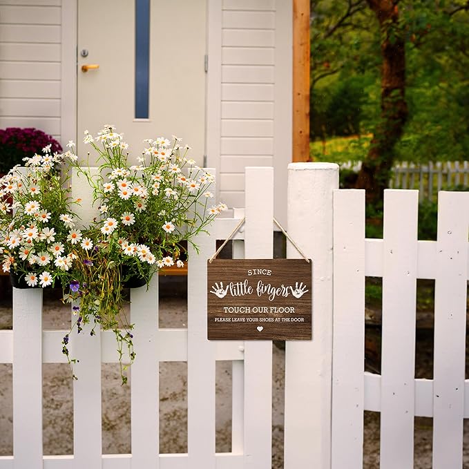 Wall Pediments Shoes Off Sign,Shoes Off Sign for Front Door,Since Little Fingers Touch Our Floor Door Sign,Shoes Off Hanging Welcome Sign for Front Door,6x12 Inches，Wood Grain-4