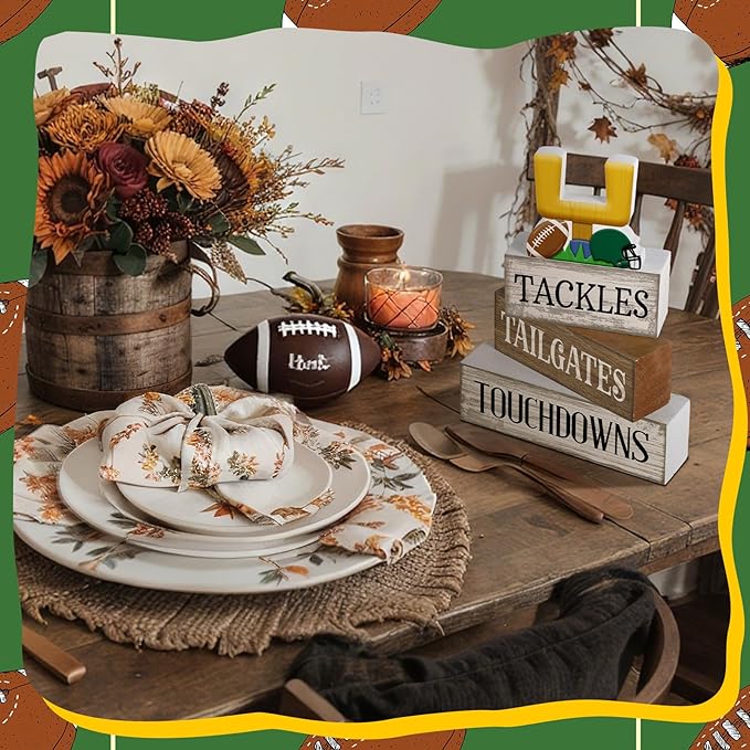 Lineshading 4 Pcs Football Table Decorations Football Tiered Tray Decor Sport Game Centerpiece Sign Decorative Rugby Stack Block Gift for Fans Club Tailgate Birthday Party Table Shelf Fireplace Decor