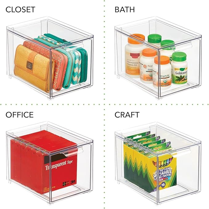 mDesign Plastic Closet Organizer Bin w/Pull Out Drawer - Slim Stackable Storage for Closet - Organization for Accessories, Bags, Totes, Small Linens, and More - Lumiere Collection - Clear