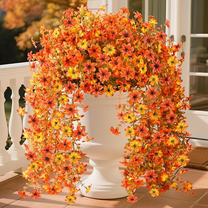 Artificial Fall Flowers for Decoration Fake Hanging Flowers Outdoors Fall Decor,2PCS Faux Mums Silk Flower UV Resistant No Fade for Autumn Outdoor Home Planter Porch Patio Yard Garden(Orange Golden)