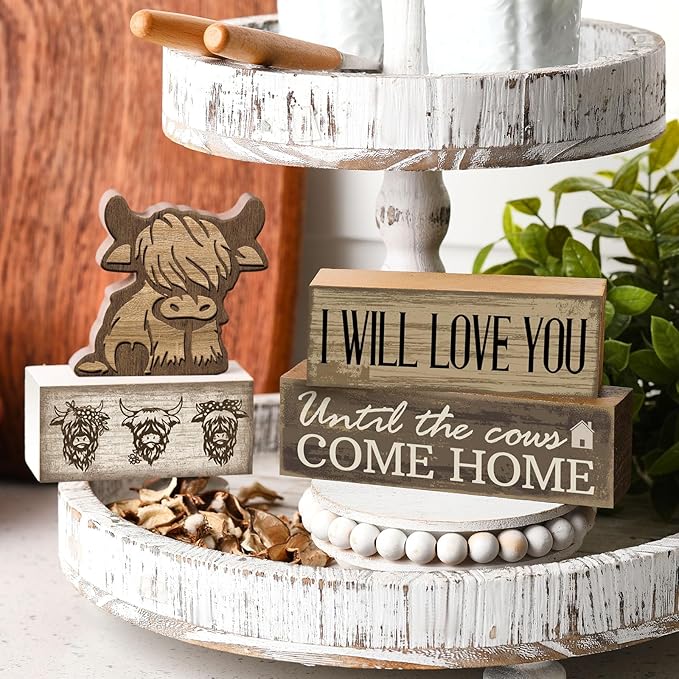 Moucuny 4 Pcs Highland Cow Table Decorations Rustic Western Tiered Tray Decor Decorative Highland Cow Block Signs Western Tabletop Centerpieces Farmhouse for Home Desk Room Kitchen Shelf Decor