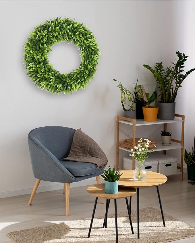 DDHS 32 inch Boxwood Wreath, Artificial Large Summer Wreaths for Front Door with Yellow Cloth can DIY Shaped, Spring or Summer Wreaths for Hanging in the Shop, Farmhouse, Roof Green Wreath Decoration