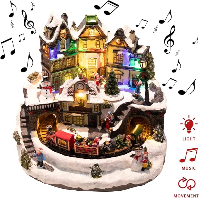 MUMTOP Christmas Village House Decoration, Colourful LED Lights Light Up Bell Tower and Buildings, Rotating Christmas Trees with Music for Indoor Holiday Xmas Tabletop Decor