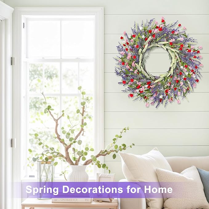 LZNPA 26 Inch Large Lavender Wreath for Front Door Greenery Summer Spring Wreaths for Front Door Wreaths for Front Door All Seasons for Wedding Farmhouse Wall Porch Window Decor(Red Pink Lavender)