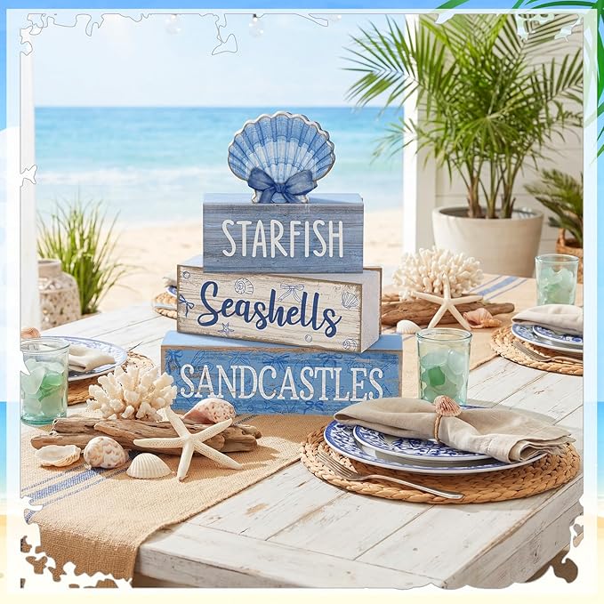 Moucuny 4 Pcs Nautical Beach Decor Shell Tiered Tray Decoration Blue Bow Table Centerpieces Summer Rustic Decorative Block Signs Gift Farmhouse Table Sign for Home Kitchen Shelf