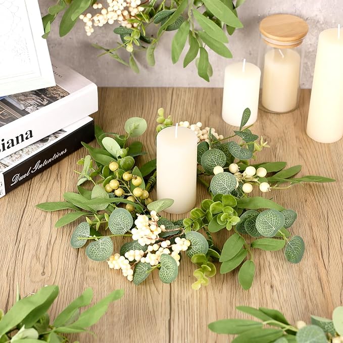 4 Pcs Green Eucalyptus Swag Wreaths for Pillars Spring Summer Kitchen Cabinet Wreaths Mini Green Berry Leaves Wreath with Ribbon for Front Door Porch Wall Window Farmhouse Decoration