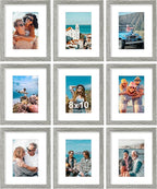 Vittanly 8x10 Picture Frames Set of 9, Shatter Resistant Plexiglass, Display 5x7 Pictures with Mat or 8x10 without Mat, Photo Frames for Wall or Tabletop, Engineered Wood, Grey
