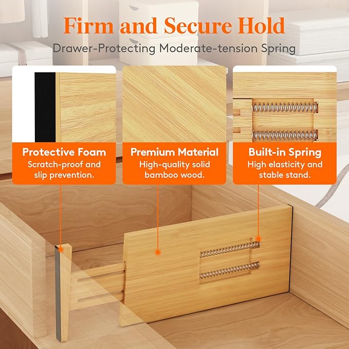Lifewit 5" High 8 Pack Bamboo Drawer Dividers 33-42cm/13-16.5" Adjustable Wooden Drawer Organizer for Clothes/Utensils, Expandable Drawer Separator for Dresser/Kitchen/Bedroom/Office Organization