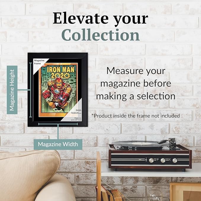 Creative Picture Frames 7 x 10.25 Magazine Comic Book Frame with Full-Strength Glass, Holds Up To A 1/4" Thick Media with Installed Hangers for Easy Mounting, 8x12 Black Frame with Black Mat